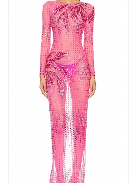 Retrofete Dresses & Skirts - Retrofete Pink Embellished Long-Sleeve Sheer Gown